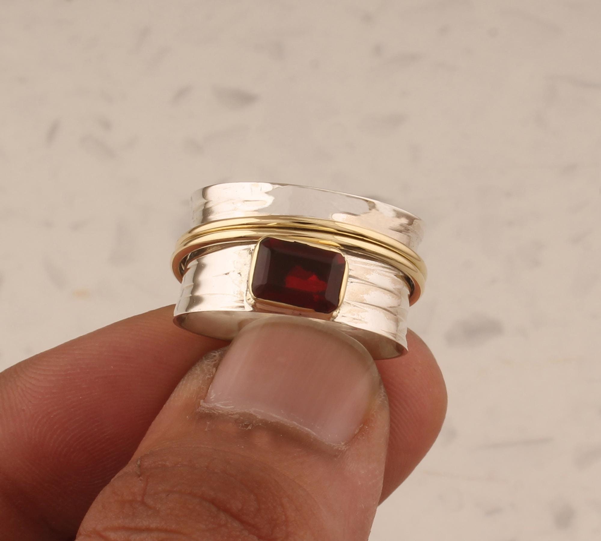 Red Garnet Natural Gemstone Solid 925 Sterling Silver Tow Fidget Gold Thumb Band Ring, Hand  Hammered Birthstone Leo Spinner Ring Gifts Idea