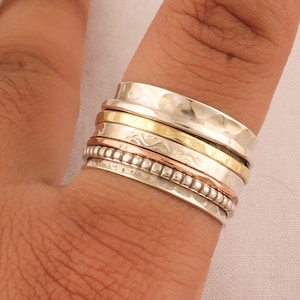 Hammered Sterling Silver Spinner Ring: Three Tone Band, Handmade