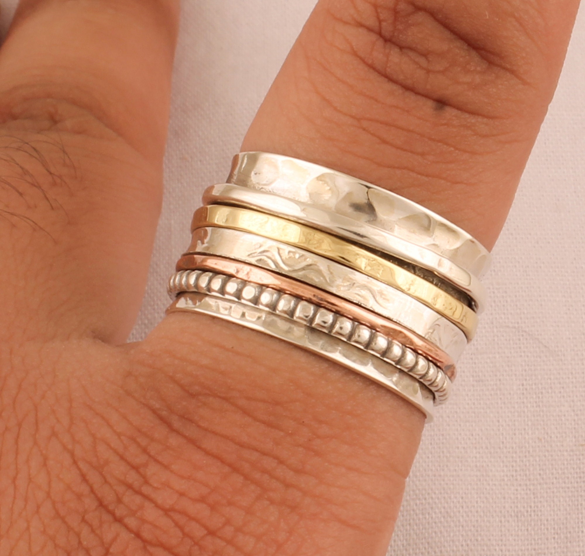 Hammered Sterling Silver Spinner Ring: Three Tone Band, Handmade