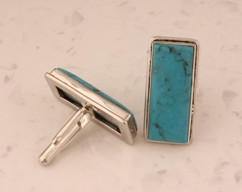 Men&#39;s Turquoise Cufflinks: Handmade Sterling Silver Rectangle Bar