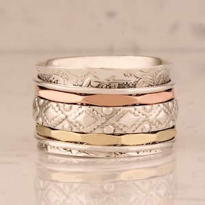Engraved Band Mixed Metal Spinner ring, hand hammred Three tone sterling silver spinning ring, meditation ring 925 sterling silver ring ring
