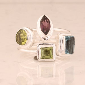 Sterling Silver Gemstone Ring Set: Peridot, Topaz, Amethyst