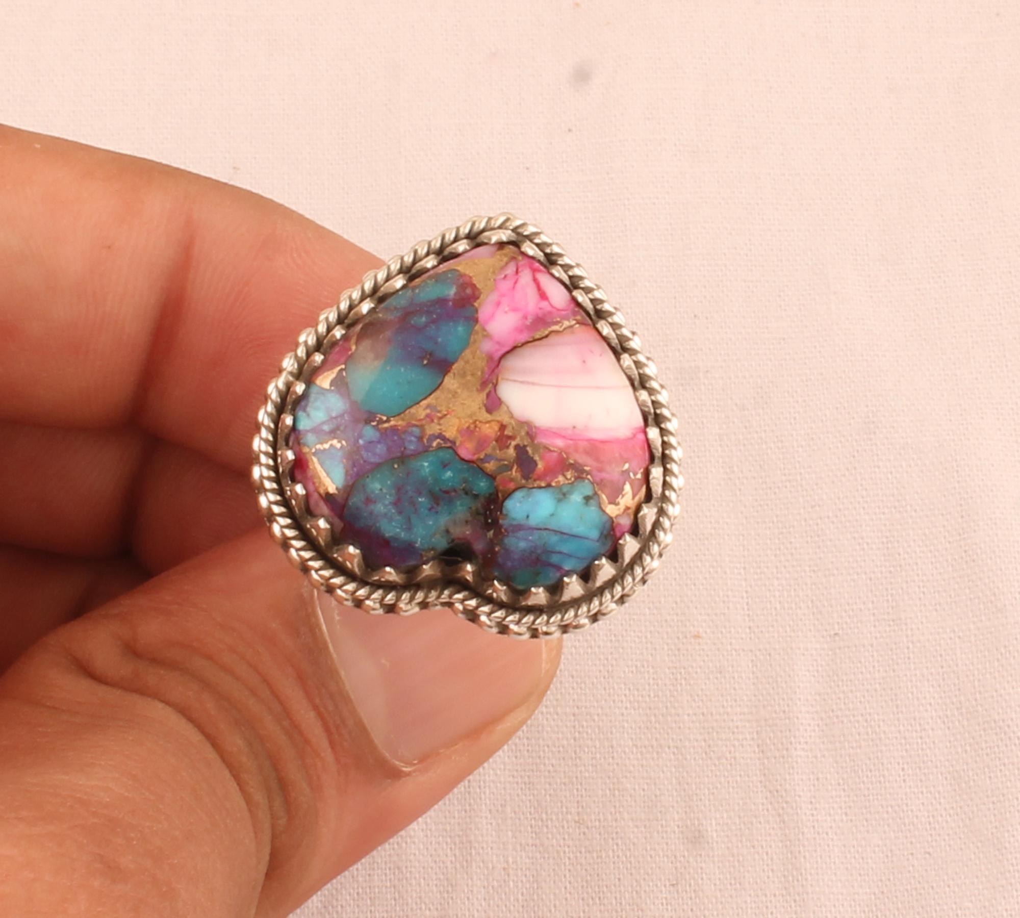 ハート型ピンクスパイニー銅ターコイズリング：925スターリング