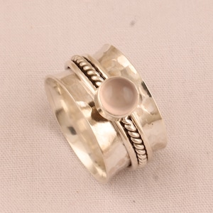 Handmade Rose Quartz 925 Sterling Silver Spinner Ring: Anxiety Relief