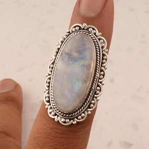 Oval Rainbow Moonstone Ring: Sterling Silver Gemstone Jewelry