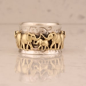 Elephant Family Sterling Silver With 925 Stamped Purity  Ring For Men Women, Handmade Textured Band Spinner Ring Gift For Mothers Day