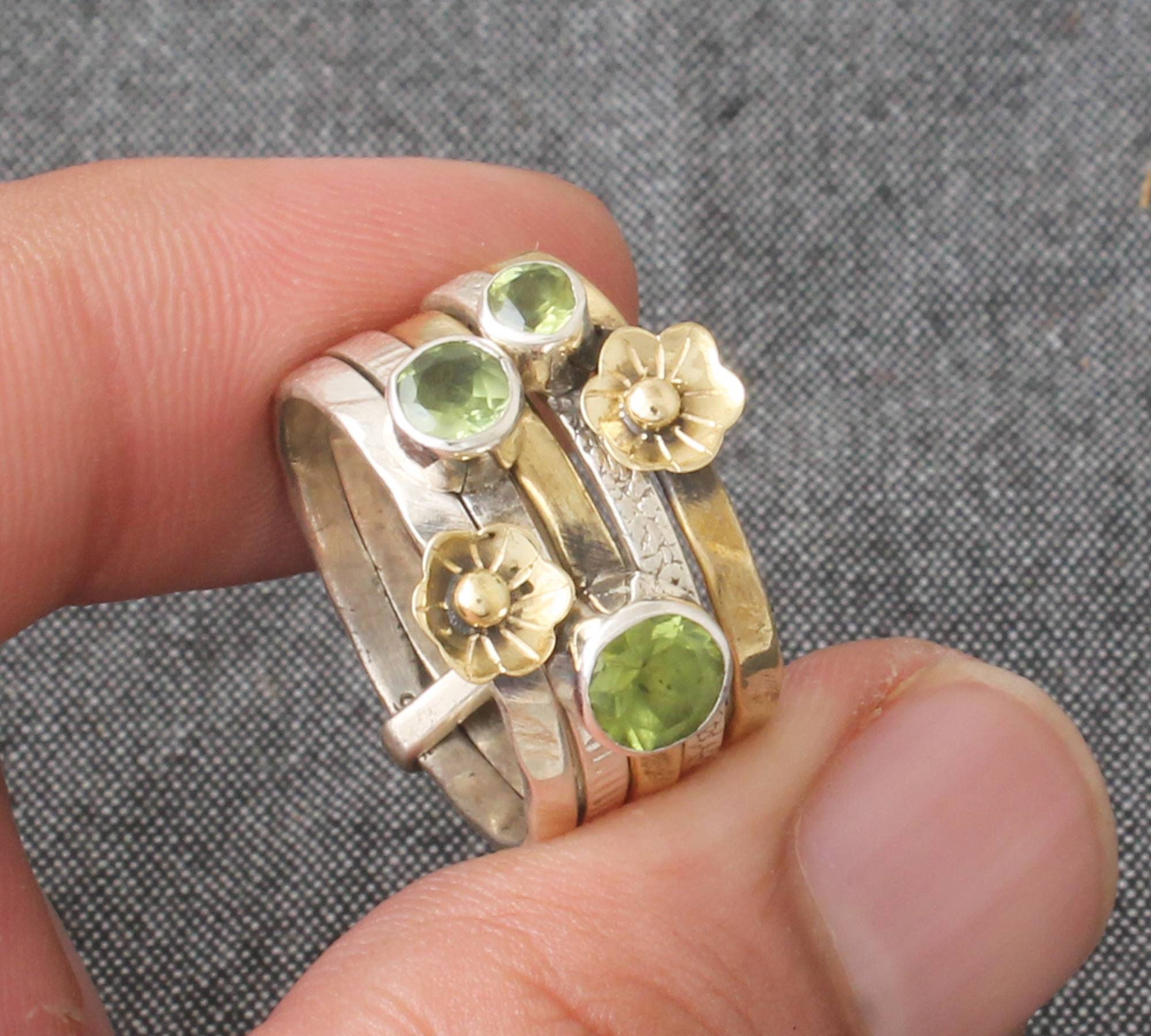 Natural Peridot Sterling Silver With 925 Stamped Purity Ring For Women, Handmade Round Cut Flower Ring Gifts For Mother's Day Birthday