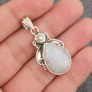 Massive 925 Sterling Silber Regenbogen Mondstein Halskette Anhänger Handgemachte Silber Boho Designer Birne Teardrop Edelstein Anhänger