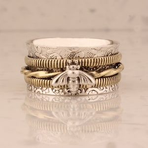 Honey Bee Spinner Ring: Solid 925 Sterling Silver Two Tone Band