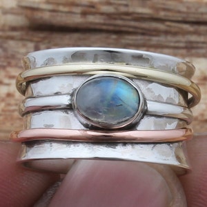 Rainbow Moonstone Spinner Ring: Hammered Sterling Silver Anxiety Ring