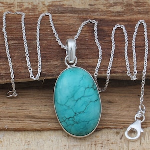 Tibetan Turquoise Gemstone Sterling Silver With 925 Purity Necklace Pendant For Women, Handmade Oval Stone Pendant Mother&#39;s Day Gifts Idea