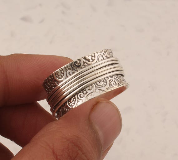 Engraved Sterling Silver Spinner Ring: Handmade Fidget Band (13mm)