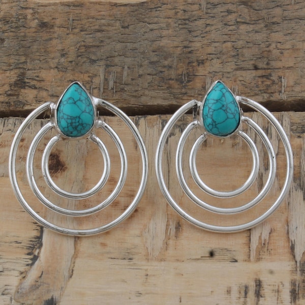 Turquoise Sterling Silver Earrings - Handmade Round Dangle Earrings