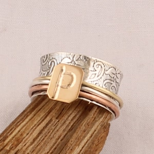 Initial Textured Band Solid 925 Sterling Silver Spinner Ring Gifts For Her, Handmade Three Tone Wedding Band Fidget Anxiety Ring For Women