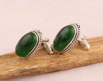 Men&#39;s Green Jade Solid 925 Sterling Silver Oval Gemstone Cufflinks For Him, Handmade Silver Boho Men Cufflink Gifts For Wedding Anniversary