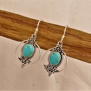 Tibetan Turquoise Sterling Silver Dangle Earrings: Boho Jewelry