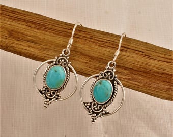 Tibetan Turquoise Sterling Silver Dangle Earrings: Boho Jewelry