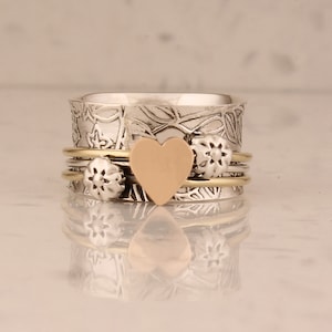 Heart & Flower Sterling Silver With 925 Stamped Purity Anxiety Ring For Men Women, Handmade Silver Heart Spinner Ring Gift For Mothers Day