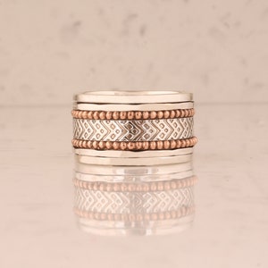 Sterling Silver With 925 Stamped Textured Fidget Band   Anxiety Ring For Men Women, Handmade Spinner Ring Gifts Idea For Mother's Day