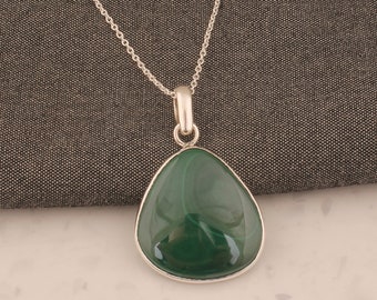 Handmade Pear Malachite Pendant: Solid 925 Sterling Silver Boho Necklace