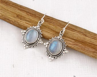 Rainbow Moonstone Dangle Earrings: 925 Sterling Silver Gemstone