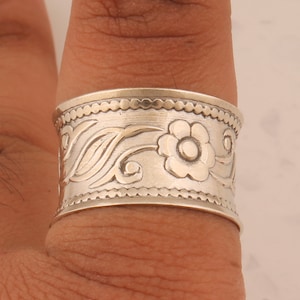 Handmade Sterling Silver Carved Flower Band Ring