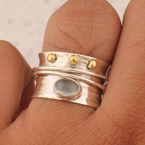 Aquamarine Natural Gemstone Solid 925 Sterling Silver Anxiety Ring For Men Women, Handmade Oval Birthstone Spinner Ring Day Gifts