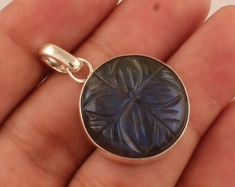 Carved Labradorite Pendant: Handmade 925 Sterling Silver Gemstone Jewelry