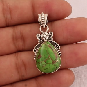 Handmade Sterling Silver Green Copper Turquoise Pendant: Boho Floral Necklace