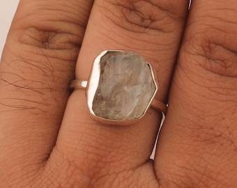 Adjustable Raw Aquamarine Ring: Handmade Sterling Silver, March Birthstone