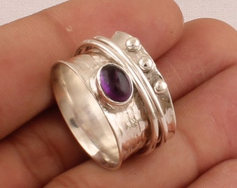 Handmade Amethyst 925 Sterling Silver Spinner Ring: Anxiety Relief