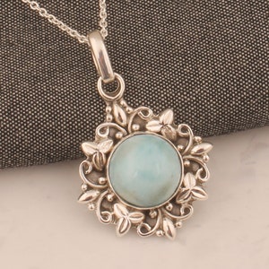 Solid 925 Sterling Silver Natural Larimar Necklace Pendant, Handmade Silver Boho Flower Fancy Gemstone Pendant Gifts For Mother's Jewelry
