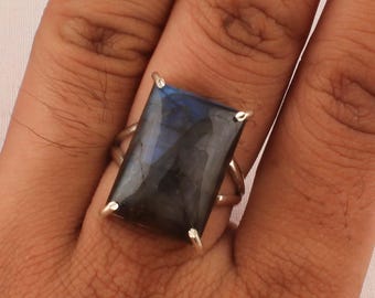Blue Fire Labradorite Ring: Handmade 925 Sterling Silver Promise Ring