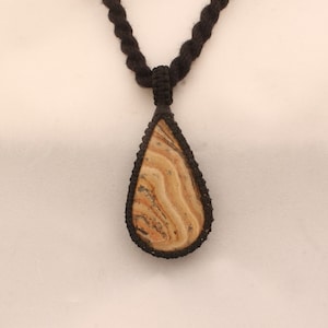 Handmade Picture Jasper Macrame Pendant: Bohemian Black Thread Necklace