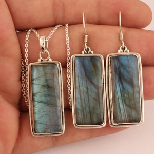 Labradorite Sterling Silver Jewelry Set: Long Rectangle Necklace & Earrings