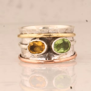 Peridot & Citrine Cut Oval Hammered Sterling Silver With 925 Purity Anxiety Ring For Women, Handmade Spinner Ring Gifts For Mothers Day Idea