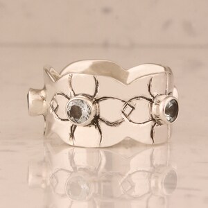 Blue Topaz Sterling Silver Ring: Handmade Flower Carved Band