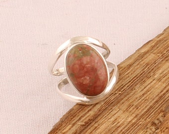 Bague En Argent Sterling 925 Avec Pierre Unakite - Taille 8.5, Faite Main, Vert