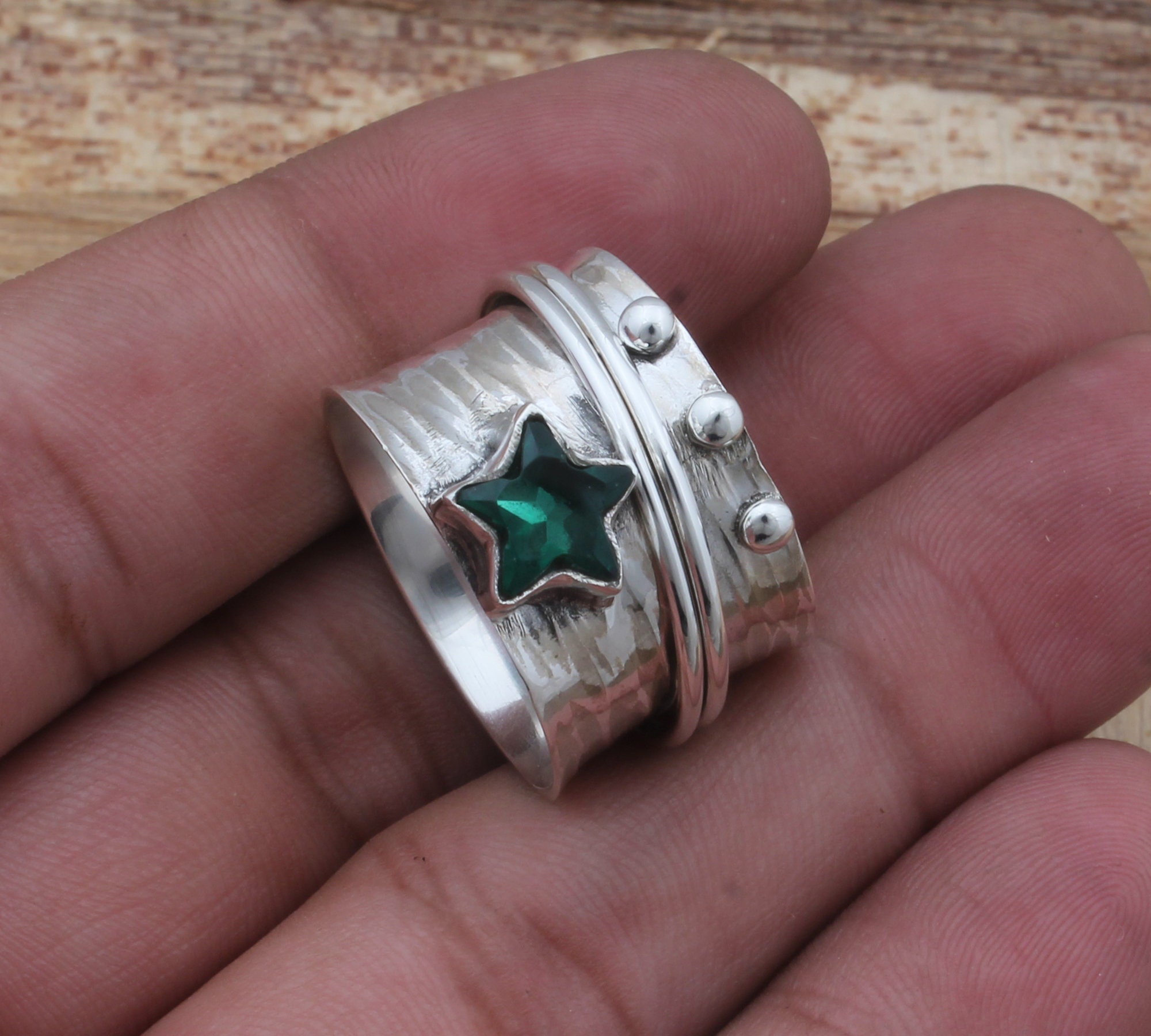 Ring Silver Emerald Green Star Stone Sterling Silver With