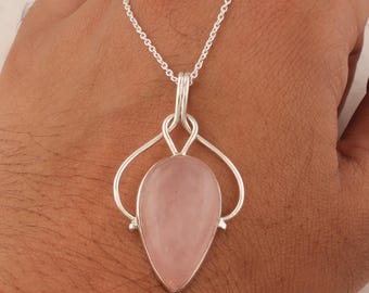 Handgemaakte sterlingzilveren rozenkwartshangerketting: boho-edelsteensieraden