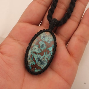 Chrysocolla Macrame Pendant Necklace Gifts For Her, Handmade Gemstone Macrame Jewelry Gifts Idea, Black Thread Oval Stone Bohemian Necklace