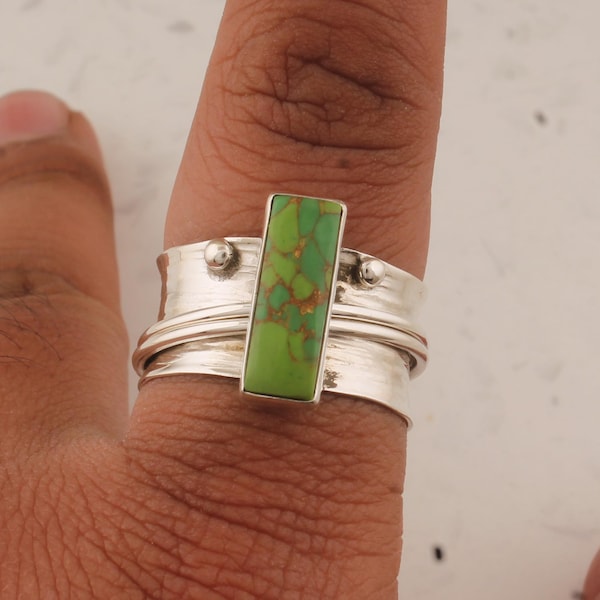 Anillo giratorio de cobre verde y turquesa: banda de plata de ley 925 hecha a mano