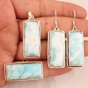 Larimar-sieradenset: sterlingzilveren ketting, ring, oorbellen