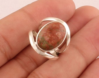 Bague Argent Sterling 925 Avec Unakite – Pierre Verte Cabochon, Fait Main, Taille 8.5