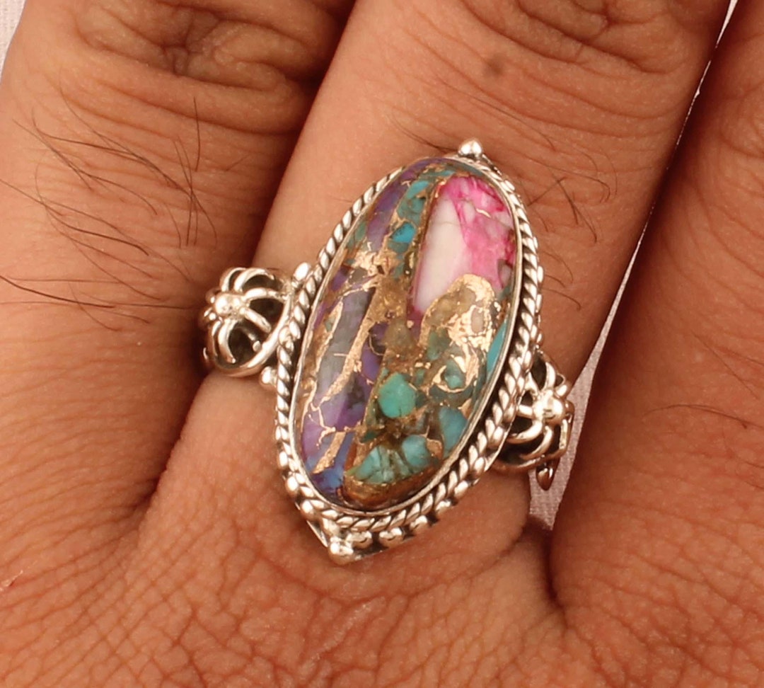 Pink Oyster Copper Turquoise Silver Ring, 925 Sterling Silver Ring