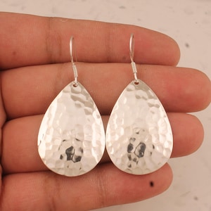 Solid 925 Strerling Silver Textured Hammered Teardrop Dangle Earrings For Women, Handmade Silver Pear Earrings Wedding Bridesmaid Gifts Idea