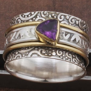 Bague spinner à large bande en argent sterling 925 avec trillions d&#39;améthyste