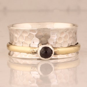 Black Onyx Sterling Silver Spinner Ring: Hand Hammered Anxiety Ring