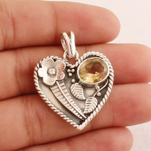 Heart Designer Solid 925 Sterling Silver Carved Flower Leaves Citrine Gemstone Necklace Pendant For Women, Handmade Oval Cut Pendant Gifts
