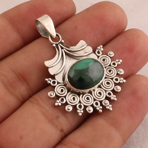 Handmade Sterling Silver Malachite Pendant Necklace: Boho Gemstone Jewelry